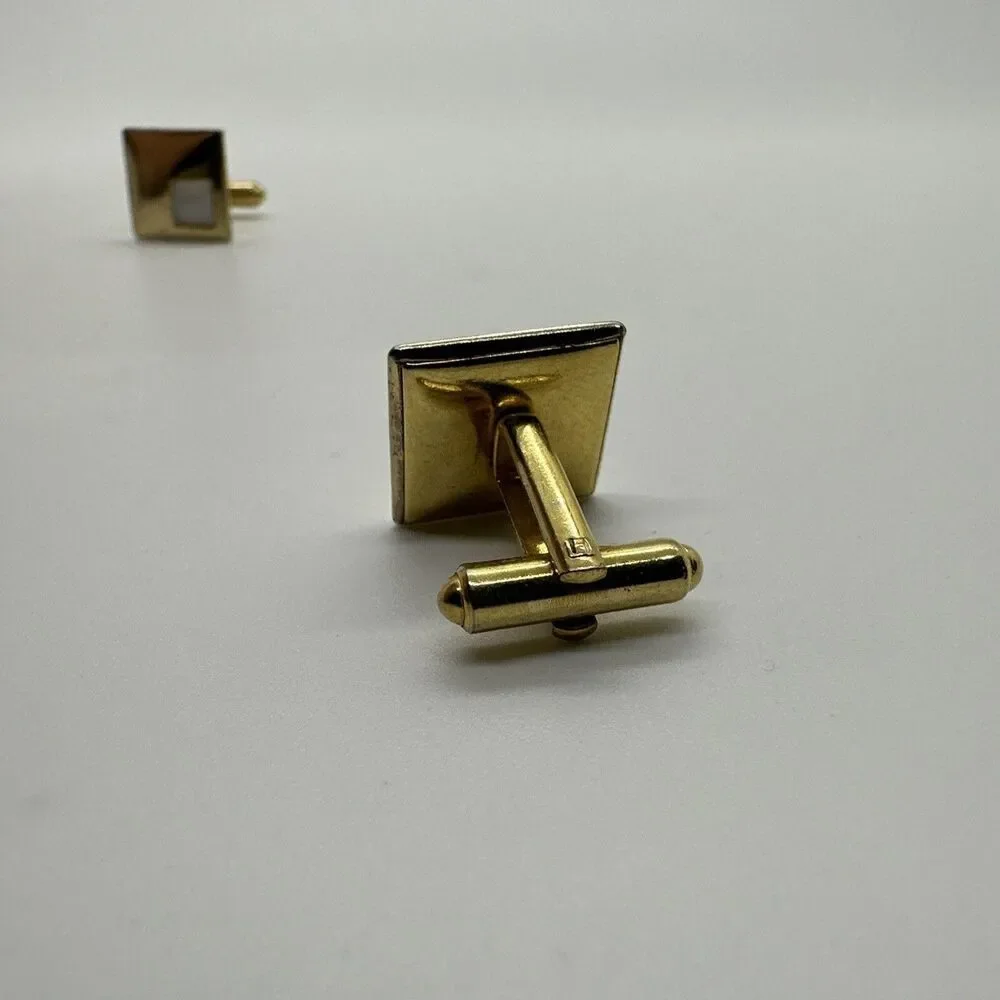 Vintage Gold Cufflinks With Matching Tie Clip White gem Antique Set